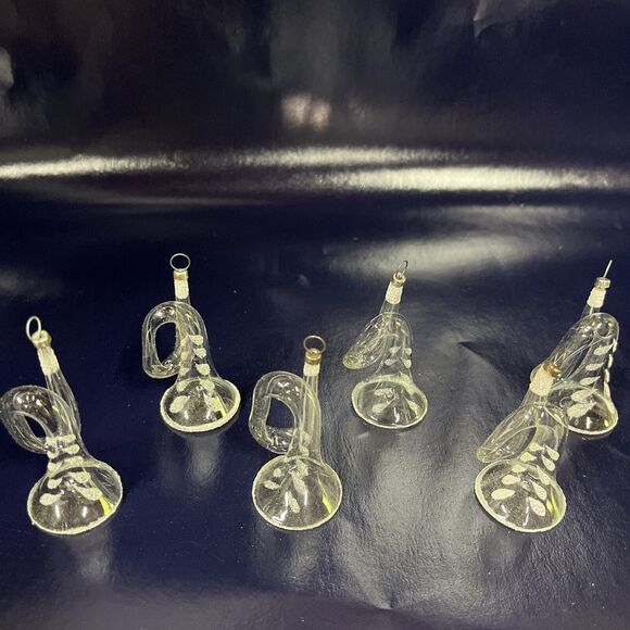 Rare VTG Lot Of 6 Hand- Blown Clear Glass French Horn Christmas Ornaments - D8 - Picture 2 of 9